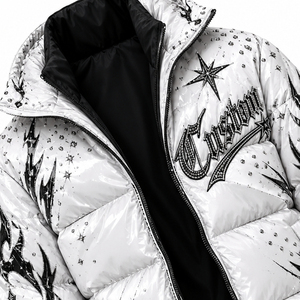 Custom Men's White Y2K Graphic Puffer <b>Jacket</b> Rhinestone Tribal Flame Design Glossy Padded Winter Outerwear Front <b>Gothic</b> - Product Image 3