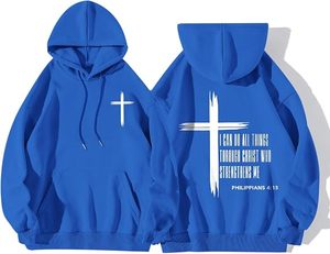 Sweat-shirt à capuche bleu clair pour homme avec imprimé croix et verset des Philippiens, coupe classique, style décontracté - Product Image 3
