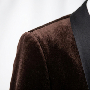 Espresso Chocolate Brown <b>Velvet</b> <b>Blazer</b> for Men Black Satin Shawl Collar Single Button Smoking Jacket Lounge Dinner Look - Product Image 5
