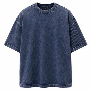 Camiseta de mezclilla lavada a la piedra de manga corta con cuello redondo oversize para hombre, color liso, algodón, estilo casual, ribete en contraste, estilo urbano, MOQ bajo - Product Image 3