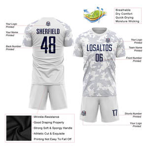 Uniforme de Fútbol Sublimado Blanco y Azul Marino, Personalizado, Transpirable, de Secado Rápido, para Equipos Deportivos, Profesional - Product Image 5