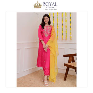 Diseño llamativo, nueva colección de ropa de estilo indio de primera calidad, Chanderi con bordado, conjunto Kurti y pantalón. - Product Image 6