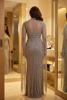 Robe de soirée sirène en polyester écologique, argentée, à sequins, avec manches courtes, décolleté cœur et traîne, style arabe, pour soirée