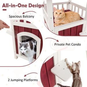 Casa del gatto in legno a 2 piani con tenda a pioggia e tetto in asfalto balcone mobili per animali domestici - Product Image 5