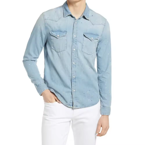 Chemise en jean pour homme Stone Blue Cowboy, en coton, manches longues, coupe ajustée, boutons pression perlés, col occidental, avec poches - Product Image 1