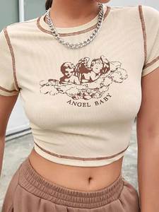 T-shirt décontracté pour femme, personnalisé, en gros, noir et blanc, imprimé contrasté, col rond, coupe ajustée, grandes tailles - Product Image 3