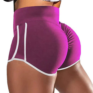 กางเกงขาสั้นกีฬาสีม่วงเอวยางยืดสูง แต่งขอบสีขาว มีกระเป๋า ผ้าถักสแปนเด็กซ์ แห้งเร็ว 180 กรัม ระบายอากาศได้ดี ทรงเข้ารูป สำหรับออกกำลังกายผู้หญิง - Product Image 1