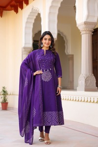 Premium Purple 60x60 Cotton Bandhani Anarkali Suit Set with Mirror Work <b>Kurta</b> Matching Pants and Dupatta for <b>Women</b> - Product Image 2