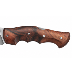 Cuchillos de caza de hoja fija con mango de madera marrón contorneado con ranuras para los dedos y hoja de acero ancha para camping y actividades al aire libre. - Product Image 5