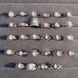 Wholesale Brass Moonstone Adjustable <b>Rings</b> Set Women Natural Gemstone Silver Plated Bohemia Bezel Setting Wedding Statement - Product Image 1