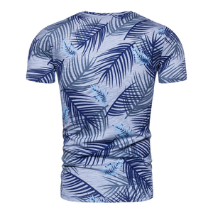 Men's Slim Fit Short Sleeve T-Shirt With Blue Palm <b>Leaf</b> Print O-Neck Casual Breathable Knitted Polyester Top - Product Image 2