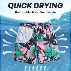 Drain Sports Men's Pink Tropical Palm Print Swim Shorts Quick Dry Anti-UV <b>Mid</b> Waist Drawstring Casual Beach Board Shorts - Product Image 5