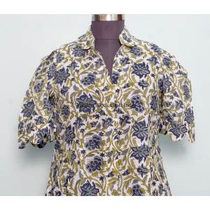 Vestido midi elegante para mujer, estampado a mano, 100% algodón indio, cómodo, de manga corta, con decoración de botones, ecológico - Product Image 2