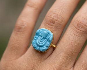 Handcrafted 18K Gold Plated Turquoise & <b>Lapis</b> <b>Lazuli</b> Ganesha Carving <b>Rings</b>-Bohemian Style Party Engagement Wedding Gift - Product Image 4