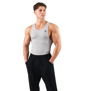 Men Ribbed Tank Top Sleeveless Muscle Fit Gym Workout Vest <b>Stretch</b> Athletic Training Base Layer Light Grey Activewear - Product Image 2