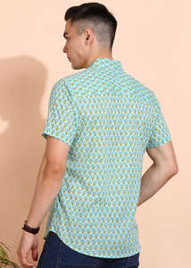 Mens Mint Cotton Cambric Handblock Printed Regular Fit Shirt Designed For International Casual Summer Wear With Shirt Collar - Product Image 2