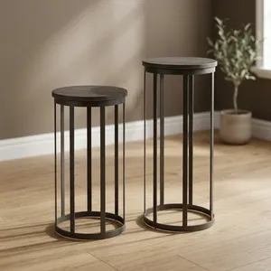 Modern Handmade Round Wooden Side <b>Table</b> with Iron Legs <b>Nesting</b> Design Rajasthan Living Room Furniture - Product Image 1