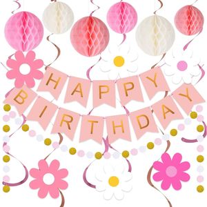 Set Decorativo per Festa di Compleanno Rosa - Striscione 'Happy Birthday' con Palline a Nido d'Ape - Product Image 3