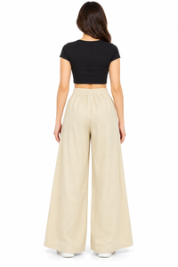 Pantalones Anchos Beige Premium para Mujer, Cintura Alta, Cordón Elástico, Logotipo, Casuales, Verano, Lino/Algodón, Lisos - Product Image 3