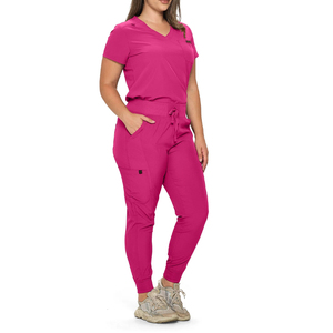 Ensemble de blouses roses pour femmes, haut à col en V avec pantalon à cordon de serrage, uniformes d'hôpital, tissu tricoté en polyester - Product Image 3