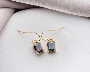 Pendientes colgantes de topacio místico, plata de ley 925, chapados en oro de 14 quilates, corte esmeralda, circonita cúbica arcoíris, para mujer - Product Image 6