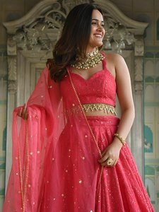 Pink Embroidered Lehenga Choli With Gold <b>Sequins</b> And Halter Neckline For Wedding Occasion - Product Image 1