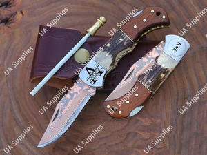 Couteau utilitaire pliant EDC à pointe clip, en acier Damas cuivré, manche en corne de cerf et bois de rose, personnalisable pour le camping, la chasse et la pêche - Product Image 5