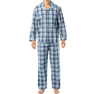 Teal Blue Tartan <b>Men</b> Lapel <b>Pajama</b> <b>Set</b> Soft Long Sleeve Cotton Airy Durable Relaxed Wholesale <b>Men</b>’s Sleepwear <b>Sets</b> - Product Image 1
