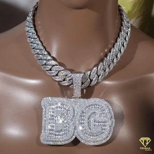 Iced Out " BG " <b>Initial</b> Pendant <b>Necklace</b> <b>Silver</b> Moissanite Diamond Cuban Link Hip Hop Jewelry Gift For Him - Product Image 6