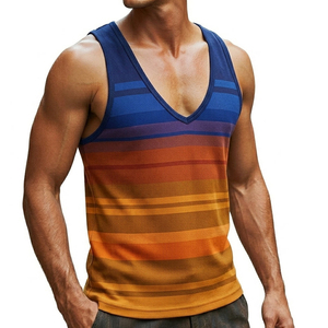 Wholesale Men's Striped Tank Top Deep V-Neck Sleeveless Muscle Tee Custom <b>Logo</b> Slim Fit Soft Cotton Blend Casual Beach Tank Tops - Product Image 4