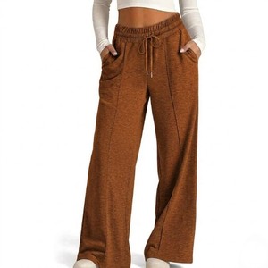 Women Wide Leg <b>Pants</b> High Waist Elastic Drawstring Solid Color Loose Fit Casual Full Length Knitted Cotton <b>Spandex</b> <b>Pants</b> - Product Image 1