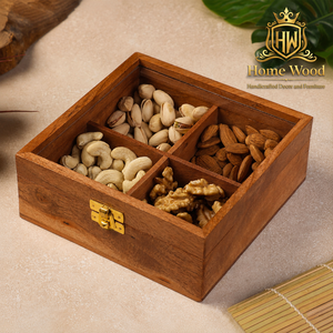 Boîte à noix en bois artisanale avec 4 compartiments, plateau de rangement durable pour collations et épices - Product Image 1