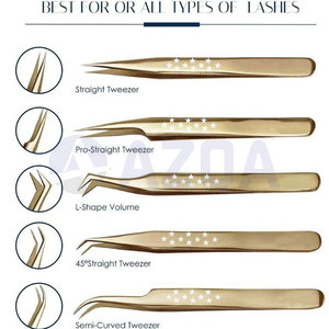 Ensemble de 5 pinces à cils en acier inoxydable plaqué or, pointes droites, courbées, en L et angulaires, durables, avec une prise parfaite pour - Product Image 3