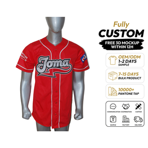Maillot de baseball personnalisé unisexe rouge à manches courtes avec fermeture boutonnée, impression sublimée sur le devant, séchage rapide, col en V, coupe ample, toutes saisons, 100% coton - Product Image 1