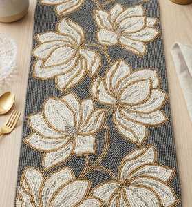 Handmade Embroidered Fabric <b>Table</b> Runner Rectangle <b>Magnolia</b> Flower Design Contemporary Style Decorative Mat - Product Image 2