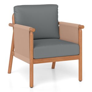 Sedia da Patio in Legno di Acacia Grigia Stile Boho con Braccioli in Corda Intrecciata e Seduta Imbottita per Portico e Balcone - Product Image 1