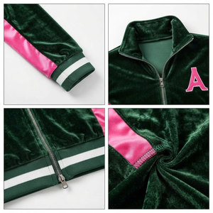 <b>Women's</b> Green <b>Velvet</b> <b>Tracksuit</b> Set Full Sleeve Zipper Front Sporty Loose Fit With Pink Color Blocking Side Pockets Autumn Wear - Product Image 6