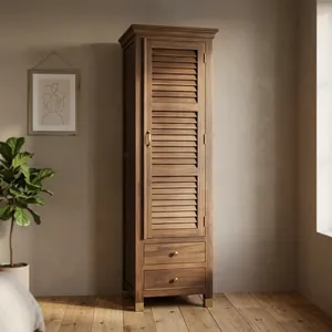 Armoire haute en bois massif avec portes à persiennes et tiroirs, meuble de rangement rustique pour chambre à coucher - Product Image 2