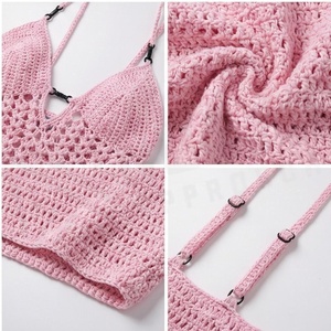 Pink Crocheted Hollow Out Swimdress With <b>Crossed</b> Halter Neckline Women's Beachwear - Product Image 4