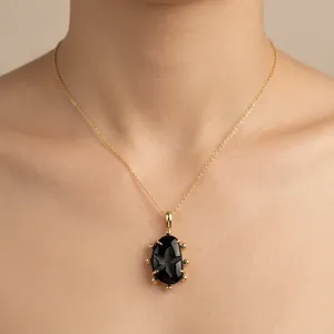 Collier pendentif réglable en forme d'étoile en onyx noir, pierre précieuse naturelle, design populaire, style luxueux, laiton plaqué or massif pour femmes - Product Image 3
