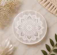Plaque de Recharge Polie en Sélénite, Cercle, Gravure Cœur Ailes d'Ange, Cristal Blanc Naturel, Portable, Méditation, Maison
