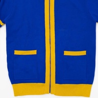 Cardigan tricoté bleu pour femme, style sororité grecque, col en V contrastant jaune, manches longues, broderie hiver, boutons, OEM