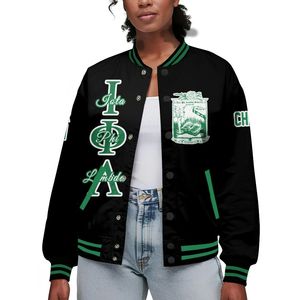 Veste universitaire personnalisée pour femmes Iota Phi Lambda, noire et vert émeraude, avec lettres, écusson, numéro et année, style bomber - Product Image 1