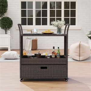 Chariot de bar d'extérieur en rotin PE tressé à la main avec plateau en verre trempé et tiroir, 4 roues avec freins, chariot de service pour mobilier de patio - Product Image 5