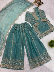 Ensemble Kurta Palazzo en soie brodée pour filles avec dupatta, tenue traditionnelle indienne pakistanaise pour mariage et fête - Product Image 5