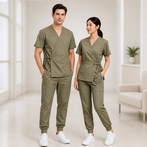 Ensemble de blouses médicales d'hôpital tissées unisexe col en V doux respirant anti-boulochage détection des étrangers en polyester viscose élasthanne uniforme - Product Image 1