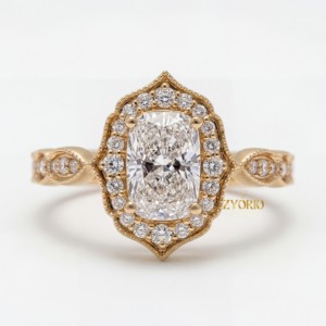 Bague de fiançailles vintage en or 10K avec diamant de laboratoire taille coussin, halo et milgrain, bague de mariée antique, bijoux fins pour femme - Product Image 1