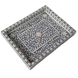 Plateau de service marocain en os incrusté gris crème de haute qualité, fait main, motif marocain, plateau décoratif moderne pour le thé et le café - Product Image 1