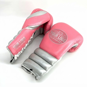 Guantes de Boxeo Profesionales de Alta Gama para Competencia, Hechos a Medida en Cuero Genuino, con Cordones, Color Rosa y Plateado - Product Image 5
