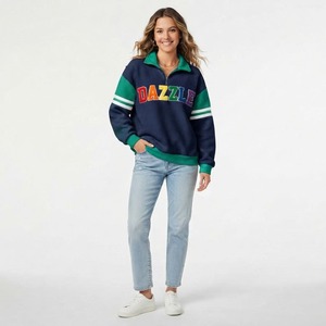 Sudadera de Forro Polar Verde para Mujer con Cierre de Cremallera, Cuello Camisero, Manga Regular, Estilo Preppy, Logotipo Frontal, Ropa de Otoño - Product Image 2